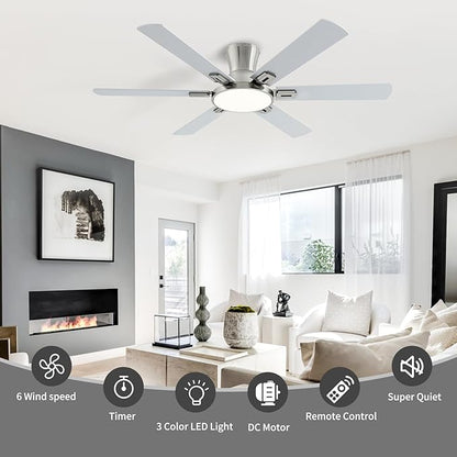 52 Inch Brushed Nickel Ceiling Fans with Lights and Remote,Flush Mount Low Profile 6 Blades Ceiling Fan with 10 Inch Lighting Fixture,Quiet Reversible DC Motor for Living Room,Bedroom and Patio