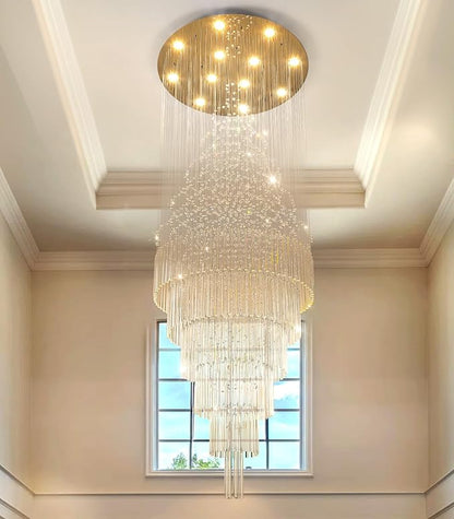HAIXIANG W32 x H100 Glam Chandelier with LED Bulbs Crystal Raindrop High Ceiling Pendant Light for Entrance Large Villa Chandelier Foyer Lighting Fixtures Gold