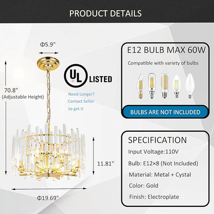 Gold Crystal Chandelier Modern Chandeliers 8 Lights Round Light Fixture Luxury Top K9 Hanging Lighting for Bedroom Dining Room Living Room Entryway Foyer