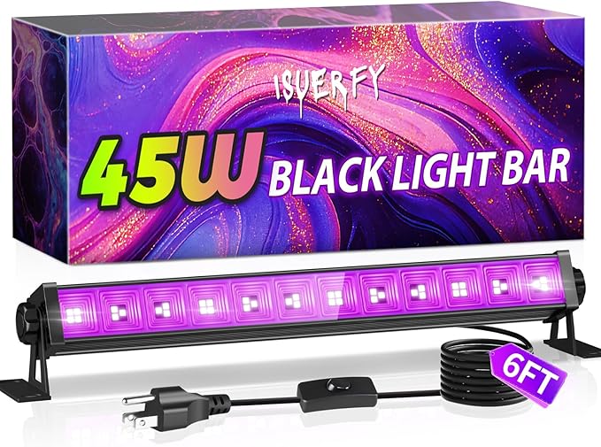 45W Black Light Bar with 6ft Cord+Switch, Each Light Up 25x25ft Area, LED Blacklight Flood Light for Neon Glow Party Body Paint Fluorescent Tapestry Poster Classroom Bedroom Halloween, 1 Pack