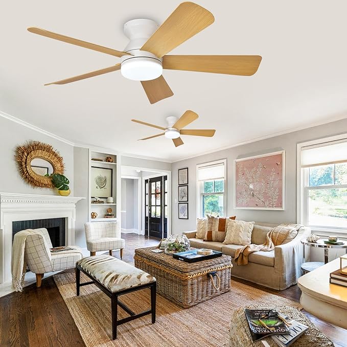 Depuley 42-Inch Ceiling Fans with Lights: Indoor/Outdoor Flush Mount Ceiling Fan with Remote Control - Wood 5 Blade Low Profile Fandelier for Kitchen Gazebo - Reversible Quiet Timer - 2 Packs