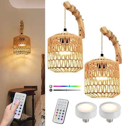 Boho Battery Operated Wall Sconce Set of Two, Rattan Rechargeable Wall Sconces with Remote,Wireless Sconces Set of 2 for Bedroom,Living Room,Entryway 15 Colors Dimmable-Natural Wood