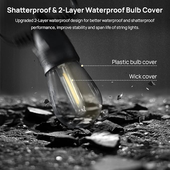 LED Outdoor String Lights,49FT Outdoor Lights String with S14 15+2(Spare) Plastic Shatterproof Bulbs,ETL Listed IP65 Waterproof Patio Lights for Outdoor Lighting,Backyard,Cafe (96 FT)