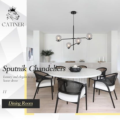 CATINER Modern Black Sputnik Chandelier, Large 4 Lights L31 '' Mid Century Long Ceiling Pendant Light with Smoke Gray Glass Globe Shades for High Ceiling Living Dining Room Foyer Bedroom