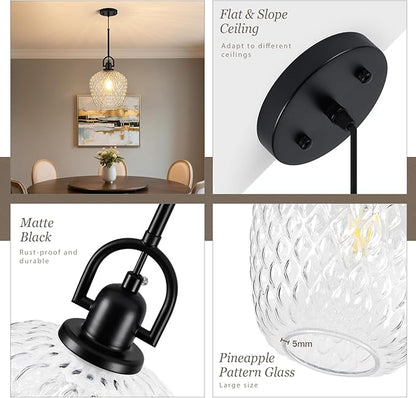 Large Glass Pendant Lights Kitchen Island, 10" 1-Light Black Pendant Light Fixtures with Hammered Glass, Modern Hanging Light for Kitchen Island Dining Room Entryway Foyer