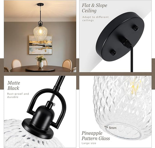 Large Glass Pendant Lights Kitchen Island, 10" 1-Light Black Pendant Light Fixtures with Hammered Glass, Modern Hanging Light for Kitchen Island Dining Room Entryway Foyer