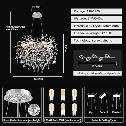 Modern Tree Branch Crystal Chandelier 18" Sliver Luxury Large Pendant Lighting 6-Light Contemporary K9 Crystal Chandeliers for Dining Room Kitchen Living Room Foyer Entryway (Sliver, D18"-Round)