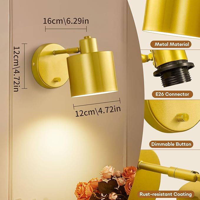Lightess Sconces Wall Decor Set of 2 with Switch, 350° Rotatable Dimmable Gold Wall Sconce Hardwired, Industrial Wall Lights for Living Room, Bedroom, Bathroom, Hallway, (Not Included Bulb)
