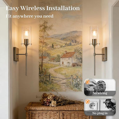 Battery Operated Wall Sconce with Remote Control Set of 2, Dimmable Wall Light Fixture Rechargeable, Nickel Wireless Wall Mount Lamp for Living Room Bedside Hallway Lounge, Bulb Included