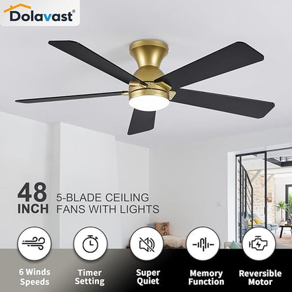 Ceiling Fans with Lights and Remote, 48 Inch Ceiling Fan with Light, Low Profile, Reversible, Dimmable LED, Flush Mount, Quiet, DC Motor, Gold Ceiling Fan for Bedroom, Kitchen, Dining Room