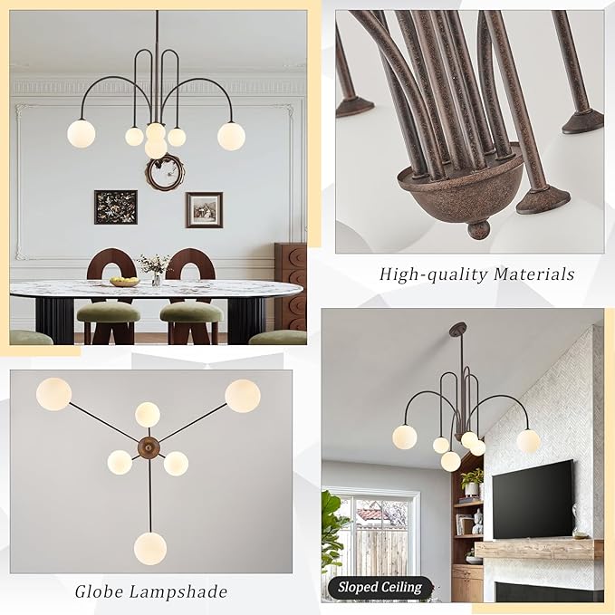 Sputnik Chandelier Brown,6 Lights Large Modern Chandelier L40”Mid Century Long Ceiling Pendant Light Fixtures for Dining Room with Milk Glass Globe Shades for High Ceiling Foyer Living Room