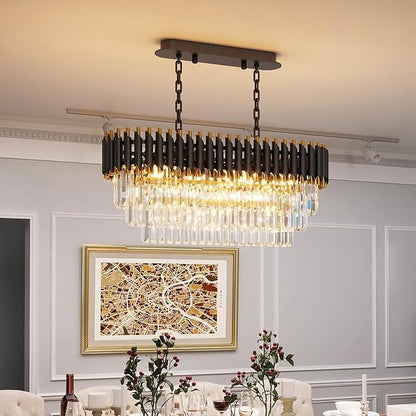 31.5" 8-Light Modern Black Gold K9 Crystal Chandelier, Luxury Rectangular Raindrop Pendant Light with Adjustable Chain, Hanging Chandeliers for Dining Room, Kitchen Island, Living Room