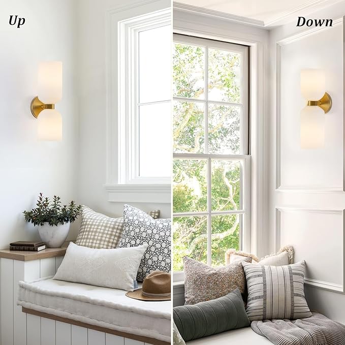Modern Glass Wall Sconces- Double Head Wall Lighting with Long Short Glass Shades- Bathroom Vanity Light Mid-Century Up Down Hardwired Wall Lamp Indoor for Bedroom Hallway Living (Gold-White)