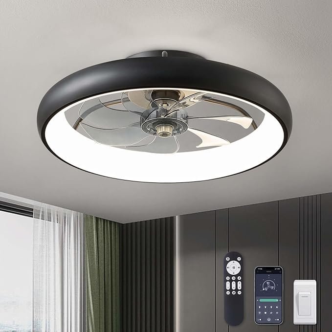 LUDOMIDE Ceiling Fans with Lights 20'' Flush Mount Fan Remote & APP Control Black Low Profile 6 Wind Speeds Smart Dimmable LED for Bedroom Living Room (Y1095-BK-ELE)