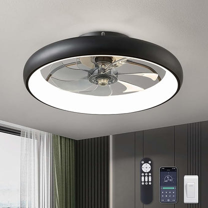 LUDOMIDE Ceiling Fans with Lights 20'' Flush Mount Fan Remote & APP Control Black Low Profile 6 Wind Speeds Smart Dimmable LED for Bedroom Living Room (Y1095-BK-ELE)