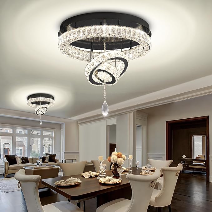 Flashing God Dia 20" Modern Crystal Chandelier for Dining Room Black Ceiling Chandelier Flush Mount Ceiling Light for Living Room Bedroom Hallway