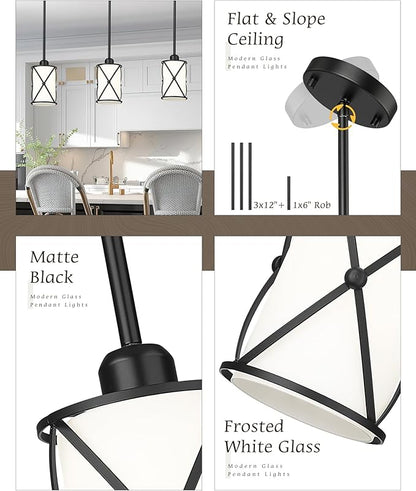 Glass Pendant Lights Kitchen Island, 2 Pack Modern Black Pendant Light Fixtures with Frosted Glass and Rod, Mid Century Cage Pendant Light for Kitchen Sink Dining Room, CH9176BKW-2PK