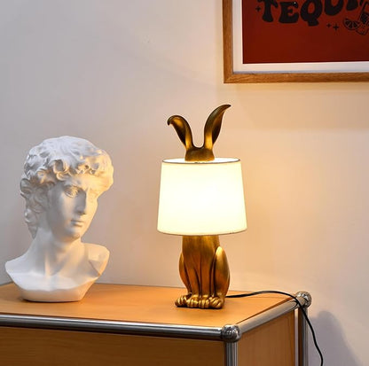Bunny Table Lamp, Cute Animal Rabbit Lamp,Bunny Lamps,15.7" Vintage LED Desk Light with Linen Lampshade,Gold Main Part Beside Lamp for Bedroom, Study Room, Office, Nursery, Home Decor (Linen White)