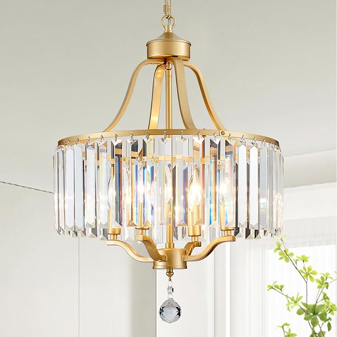 Gold Crystal Chandeliers for Dining Room, 4-Light Modern Round Chandeliers 15.7" for Living Room Kitchen Hallway Bedroom Foyer Hall, Adjustable Height Hanging Light Fixture