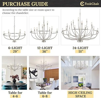 24 Light Brushed Nickel Chandelier 51'' Large Candle Chandeliers for High Ceiling Foyer Modern Classic Chandelier Light Fixture for Large Living Room Dining Room Stairs Entry Restaurant Hotel