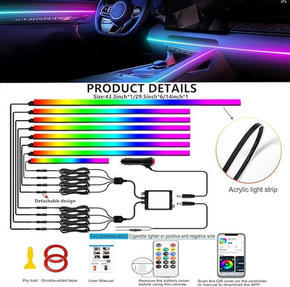 Acrylic Interior Car LED Strip Light with APP Remote Control,235 inches 8 in 1 RGB Dreamcolor Neon Flexible Strip Fiber Optic LED Ambient Lighting Kits,RGB Music Lights Sync for Inside car Decorations