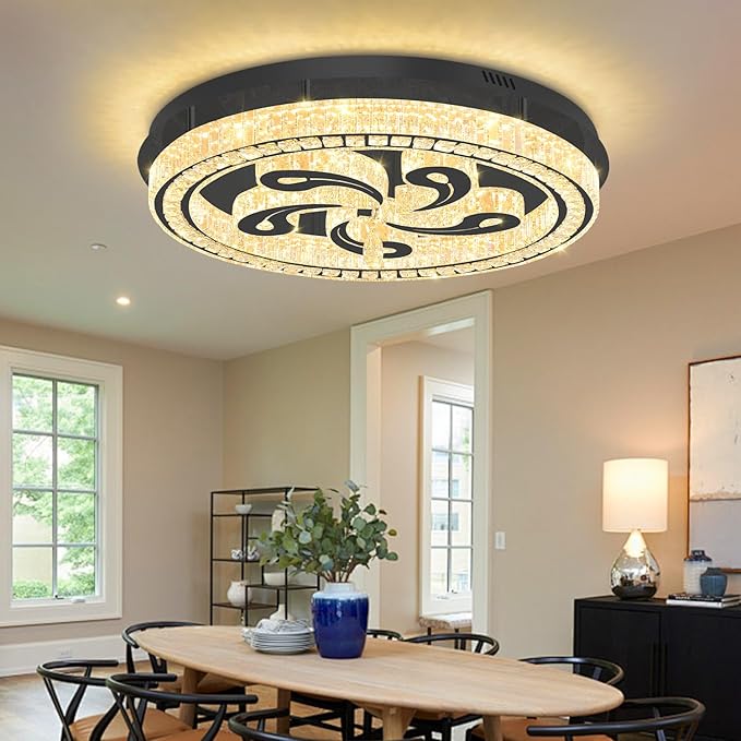 Modern Crystal Chandeliers for Dining Room Flush Mount Ceiling Chandelier for Living Room Dining Room Ring LED Crystal Ceiling Light (Round,32in Black,Dimmable 2700K-6500K)