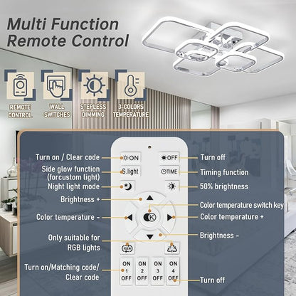 31.5" Modern LED Ceiling Light 6-Square Dimmable Ceiling Light Fixtures with Remote 3000K-6000K Chrome Close to Ceilings Lamp 60W Flush Mount Ceiling Lamp for Living Room, Bedroom