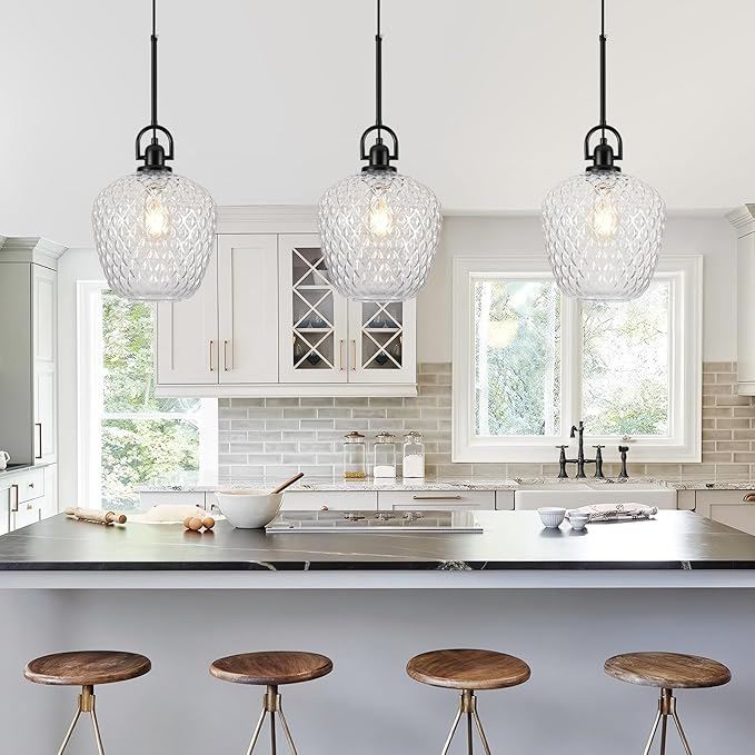Large Glass Pendant Lights Kitchen Island, 10" 1-Light Black Pendant Light Fixtures with Hammered Glass, Modern Hanging Light for Kitchen Island Dining Room Entryway Foyer