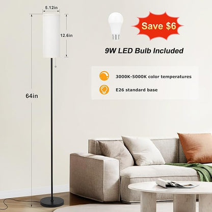 Ambimall 64'' Floor Lamp for Living Room with Bulb- Tall Lamps with Beige Lampshade & Pull Chain Switch, Pole Lamps for Bedrooms Tall, Minimalist Floor Lamp