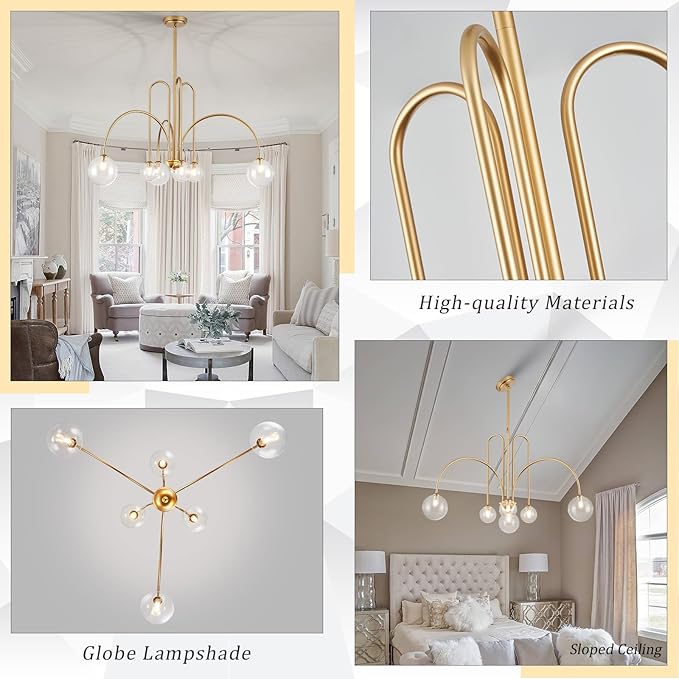 Gold Sputnik Chandelier,6 Lights Large Modern Chandelier L40”Mid Century Long Ceiling Pendant Light Fixtures for Dining Room with Clear Glass Globe Shades for High Ceiling Foyer Living Room