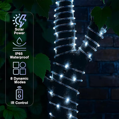 ANJAYLIA 66FT 200 LED Solar Rope Lights Outdoor Waterproof, Solar Powered Rope String Lights with 8 Modes & Timer Remote, for Outdoor, Patio, Garden, Camping, Holiday & Christmas Décor Cool White