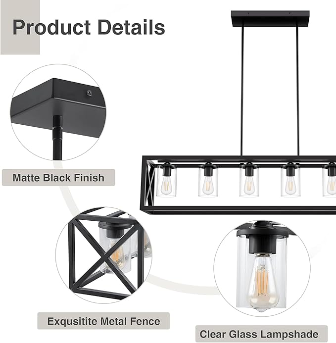 Farmhouse Dining Room Light Fixture - 6 Light Kitchen Island Lighting with Adjustable Height & Thickened Metal Dining Room Light Fixture Over Table，Chandeliers for Dining Room&Kitchen Island