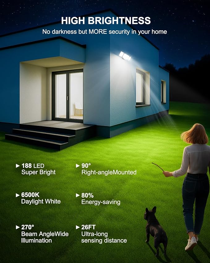 Motion Sensor Outdoor Light, 188 LED 4200LM Flood Lights Outdoor, 6500K Daylight, 3 Modes with Remote Control, IP65 Waterproof, Adjustable Heads, Hardwired 120V for Garage, Yard, Porch, 1 Pack Black