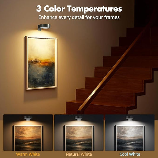 3Pcs Picture Lights for Wall Battery Operated, Magnetic Led Painting Light with Remote Dimmable and Timer, 3 Lighting Modes Art Display Light for Picture Frame, Wireless Wall Decor Puck Lights, Black