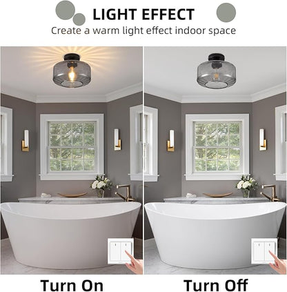 Glass Semi Flush Mount Ceiling Light, Modern Close to Ceiling Light Fixtures with Smoke Grey Glass Shade, Light Fixtures Ceiling Mount for Bathroom Dining Room Bedroom Living Room Hallway, E26 Base