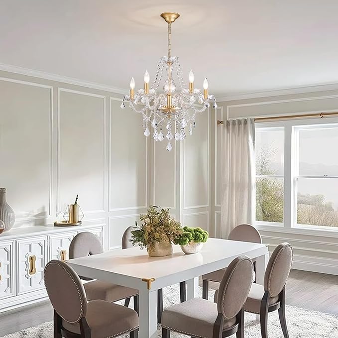 Gold Candle Crystal Glass Dining Room Chandelier 5-Light Pendant Ceiling Lighting Fixture for Kitchen Hallway Living Room Bedroom Bar Closet, Luxury Contemporary Elegant Lamp, 23 Inch