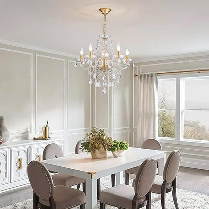 Gold Candle Crystal Glass Dining Room Chandelier 5-Light Pendant Ceiling Lighting Fixture for Kitchen Hallway Living Room Bedroom Bar Closet, Luxury Contemporary Elegant Lamp, 23 Inch