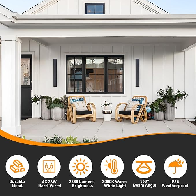 𝟯𝟵.𝟰 𝗜𝗡 Long Outdoor LED Wall Lights, Modern Exterior Garage Wall Light,Outside Light Fixtures For House,Patio,Front Porch,36W Black Outdoor Wall Sconce Waterproof 2 Pack,3000K Warm White