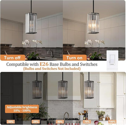 Modern Crystal Pendant Lights Kitchen Island, 1-Light Black Hanging Light with Clear Crystal Shade, Adjustable Height Pendant Lighting for Kitchen Island Dining Room Bedroom Bar Entryway