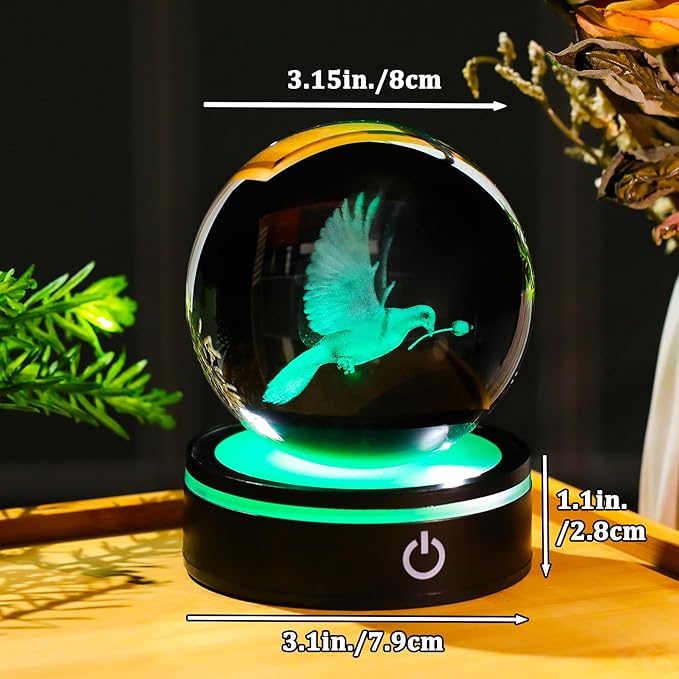 YWHL 3D Peace Dove Figurine Crystal Ball with Colorful Light Base, Dove Gifts for Women Men Best Friend on Christmas Birthday, Laser Engraved Glass Pigeon Statue Sphere for Home Decor(80mm)