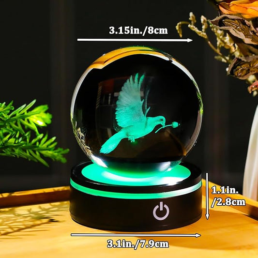 YWHL 3D Peace Dove Figurine Crystal Ball with Colorful Light Base, Dove Gifts for Women Men Best Friend on Christmas Birthday, Laser Engraved Glass Pigeon Statue Sphere for Home Decor(80mm)