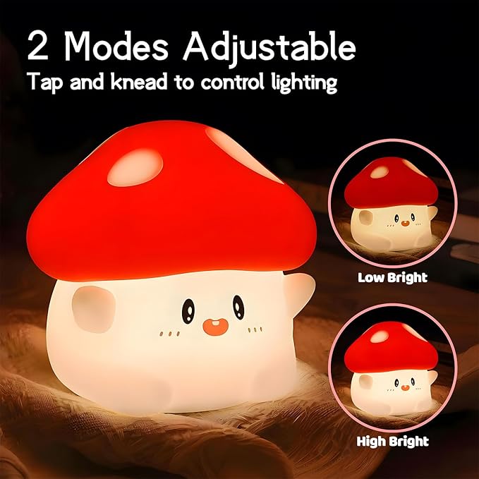 Mushroom Night Light Color Changing, 50Hrs Mushroom Lamp, Tap Control 2 Brightness & Timer, Rechargeable Squishy Night Lamp for Kids Adults, [Mothers Day Gifts]