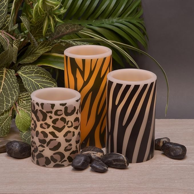 Mark Feldstein & Associates Wild Animal Print Flameless LED Pillar Candles, Set of 3, 6 Inch, Zebra, Tiger, Leopard