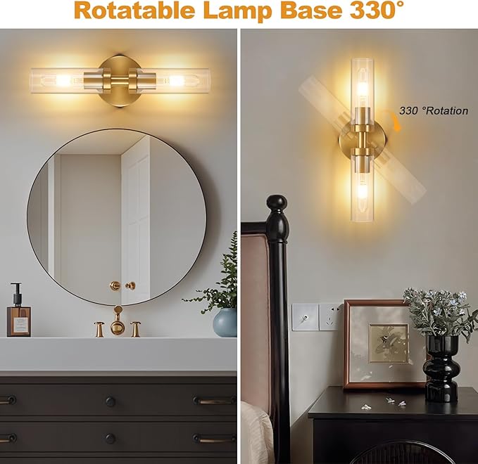Battery Operated Wall Sconces Set of 2, 330° Rotation 3000K-6000K Dimmable Wireless Wall Sconce with Clear Glass Gold 10400mAh USB Rechargeable Wall Lights with Remote Bulbs Included 2 Pack