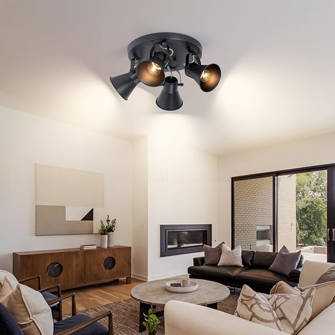 4-Light Kitchen Lighting Fixtures Ceiling, Adjustable Track Lighting Fixtures, Morden Black Directional Ceiling Light for Kitchen, Bathroom, Hallway, Dining Room, Coffee Bar.