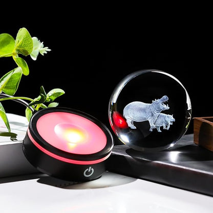YWHL 3D Hippo Crystal Ball Figurine with LED Base Laser Hippopotamus Gifts for Women Men on Christmas Birthday Decorative Hippo Ball Glass Hippopotamus Globe for Home Decor (80mm)
