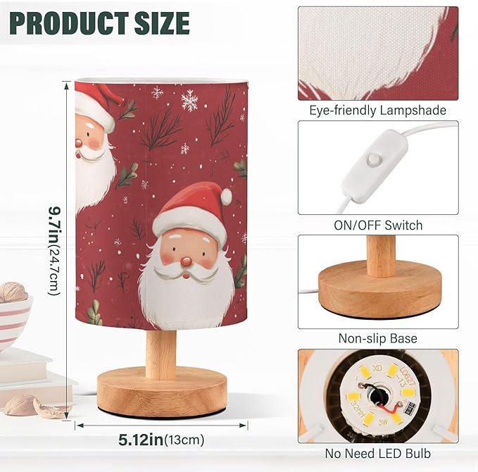 Bedside Table Lamp Christmas Santa Snowflake Nightstand Lamp with Wood Desk Lamps for Bedroom Living Room Nursery Office Home Decor