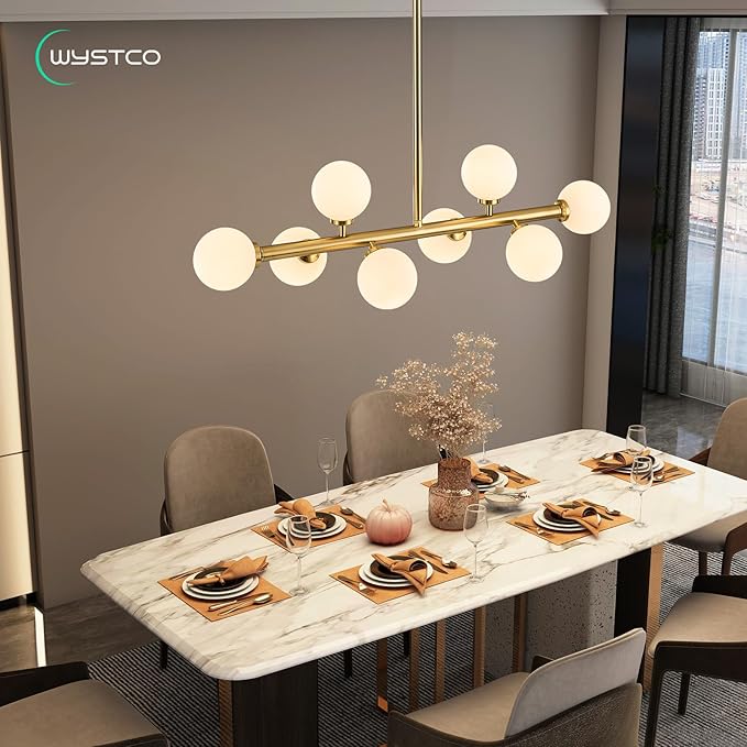 Mid Century Modern Globe Sputnik Chandelier, 8-Light Linear Chandeliers for Dining Room and Kitchen Island, Dining Light Fixture Over Table, Brass Gold and Milk White Glass Bubble, 32 Inch