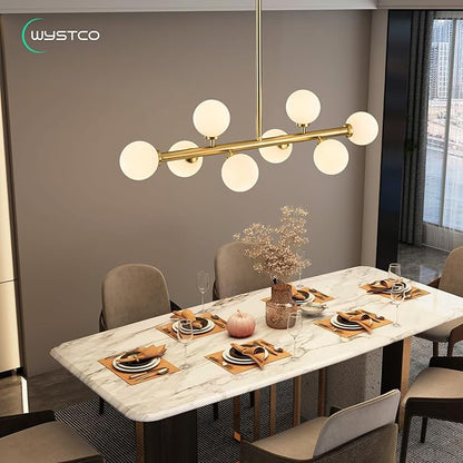 Mid Century Modern Globe Sputnik Chandelier, 8-Light Linear Chandeliers for Dining Room and Kitchen Island, Dining Light Fixture Over Table, Brass Gold and Milk White Glass Bubble, 32 Inch