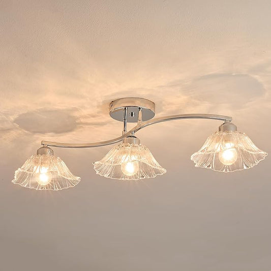 Semi Flush Mount Ceiling Light Fixture,3 Lights Modern Glass Shade Chandelier, Mini Ceiling Fixture for Entryway, Kitchen, Bedroom, Silver